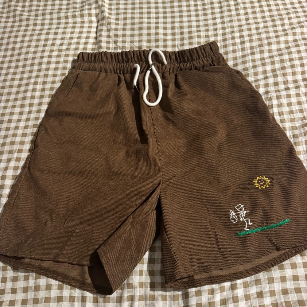 Brown Corduroy Shorts with Embroidery